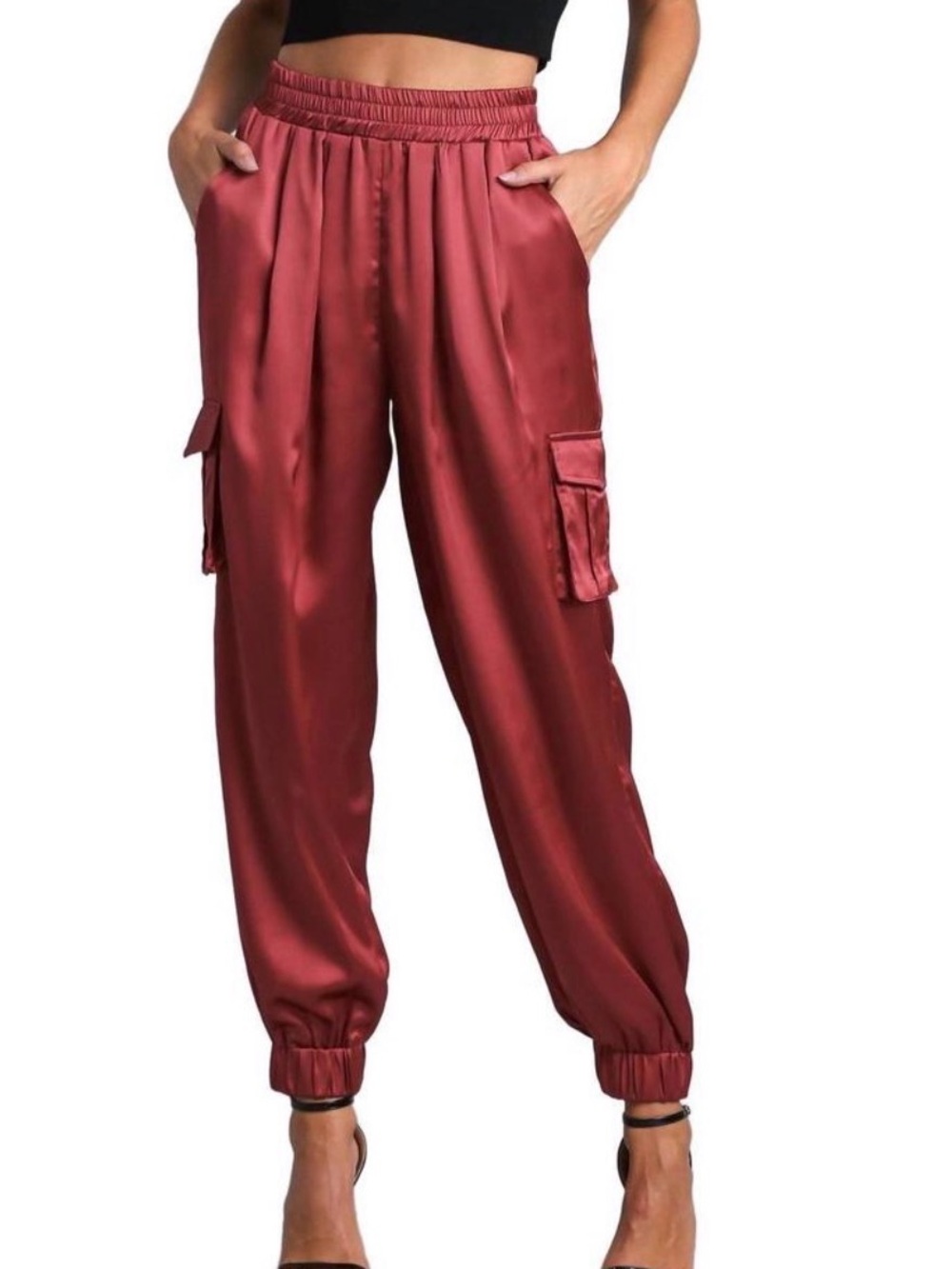 Umgee Satin Cargo Joggers - Wine